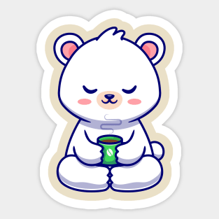 Cute Baby Polar Bear With Coffee Cup Cartoon Sticker